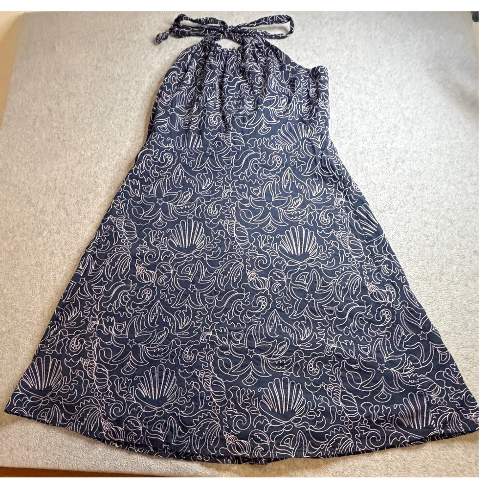 Vineyard Vines Navy Blue Embroidered Sea Shell Halter Dress Womens 10 Nautical - Picture 3 of 6